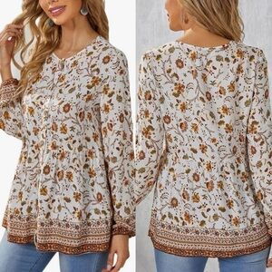 White Orange Floral Button Down Long Sleeve Boho Prairie Blouse Top Size Small